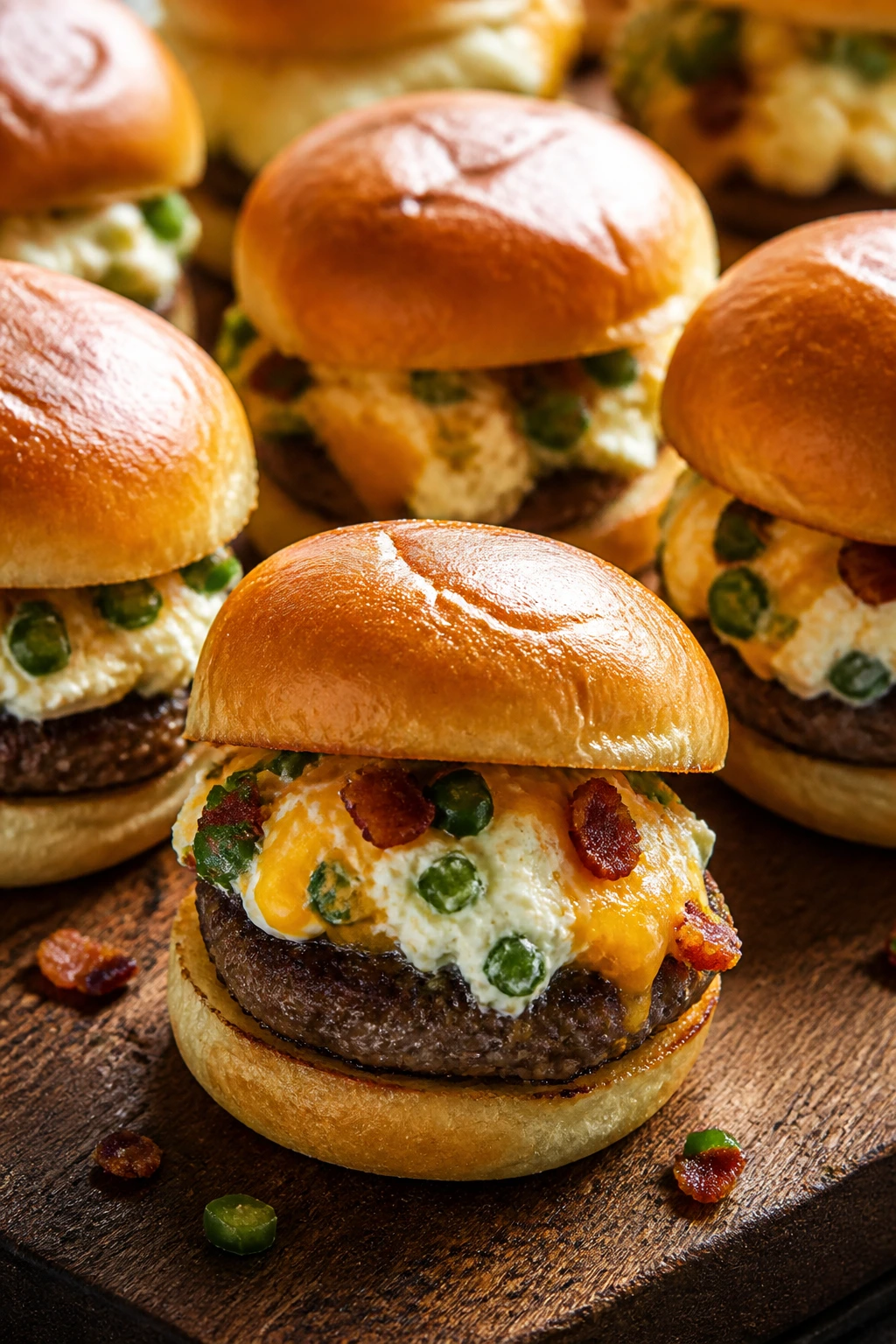 Close-up of jalapeño popper sliders with cream cheese, cheddar, and bacon on slider buns on a wooden board