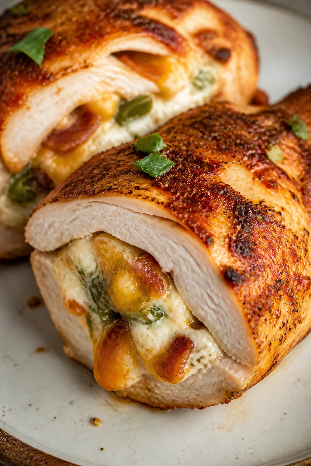 Cross-section of jalapeño popper stuffed chicken breast showing cheese filling
