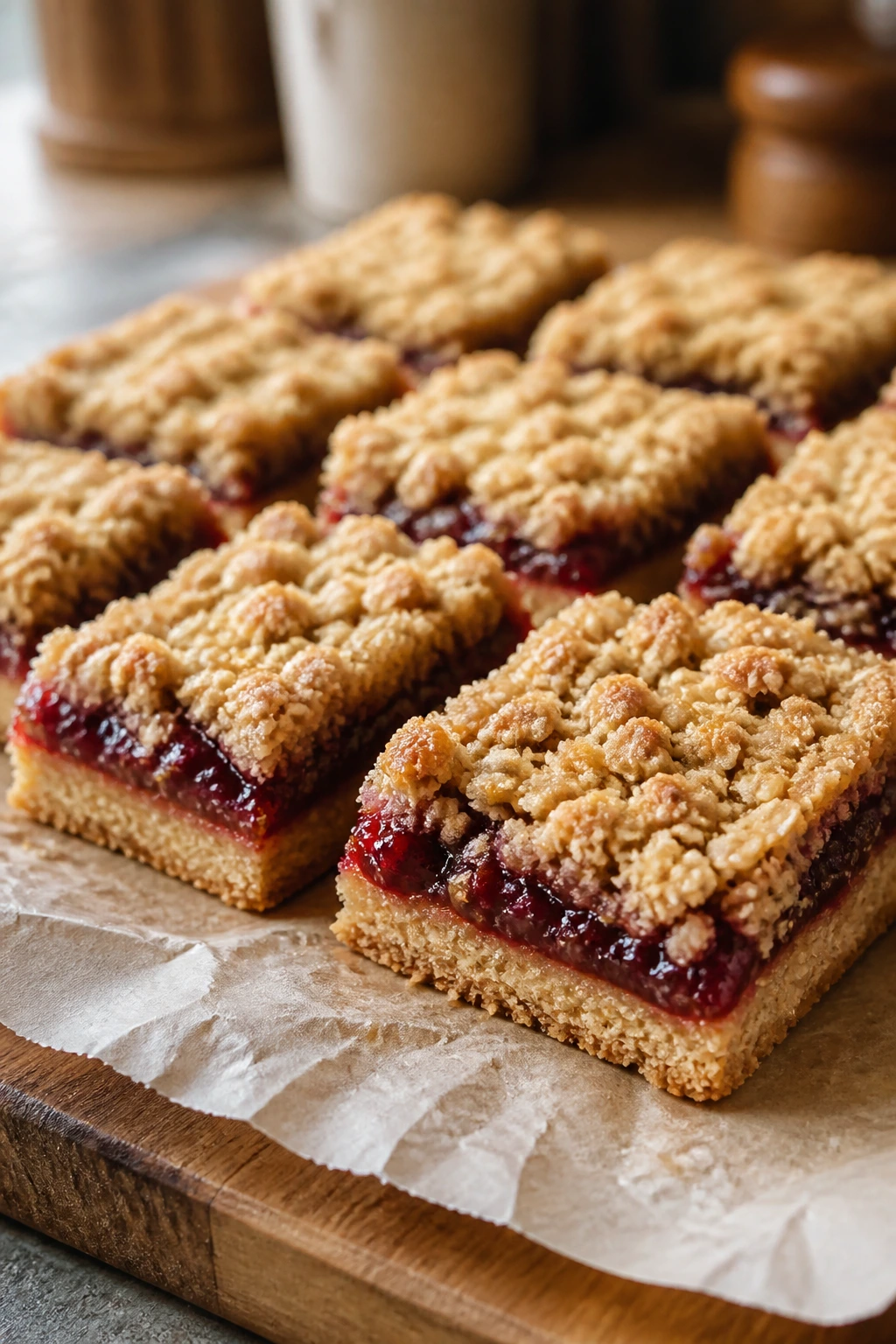 Close-up of jam crumble bars with oats and jam filling