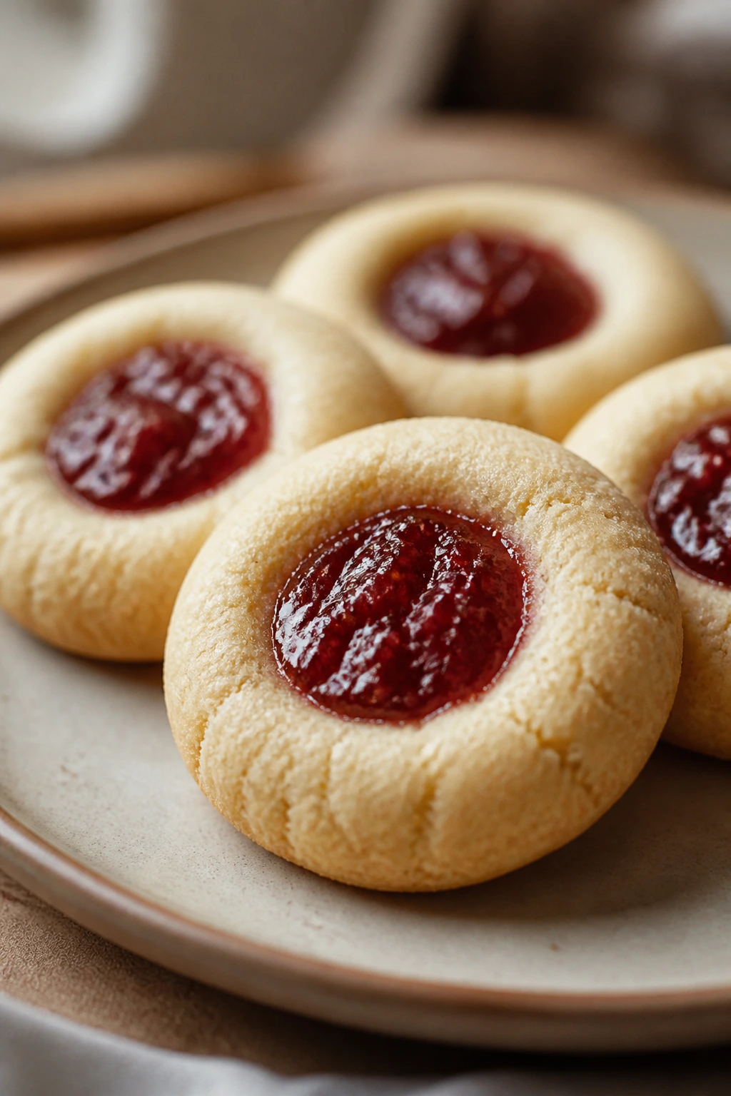 Butter cookie with jam center visible in a dent on a plate
