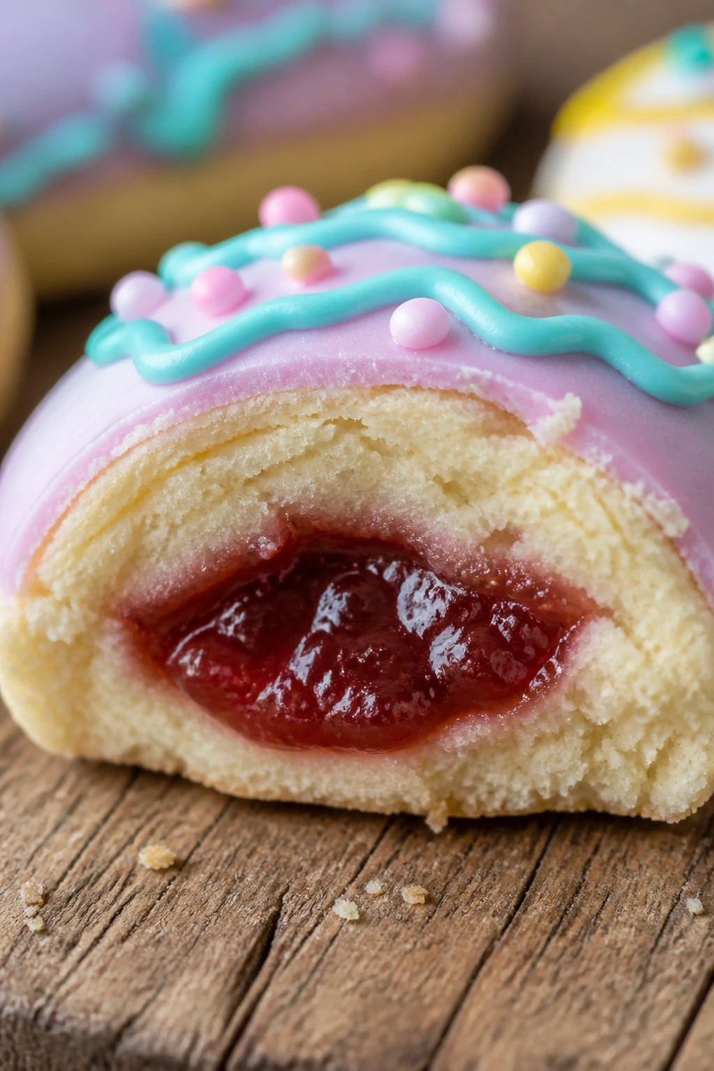 Close-up of a jam-filled pocket Easter egg cookie showing jam inside
