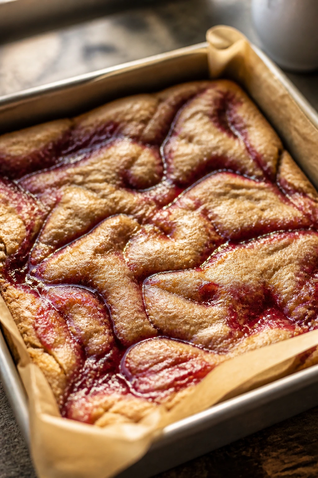 Close-up of jam-swirl blondies in an 8x8 pan on a warm kitchen counter