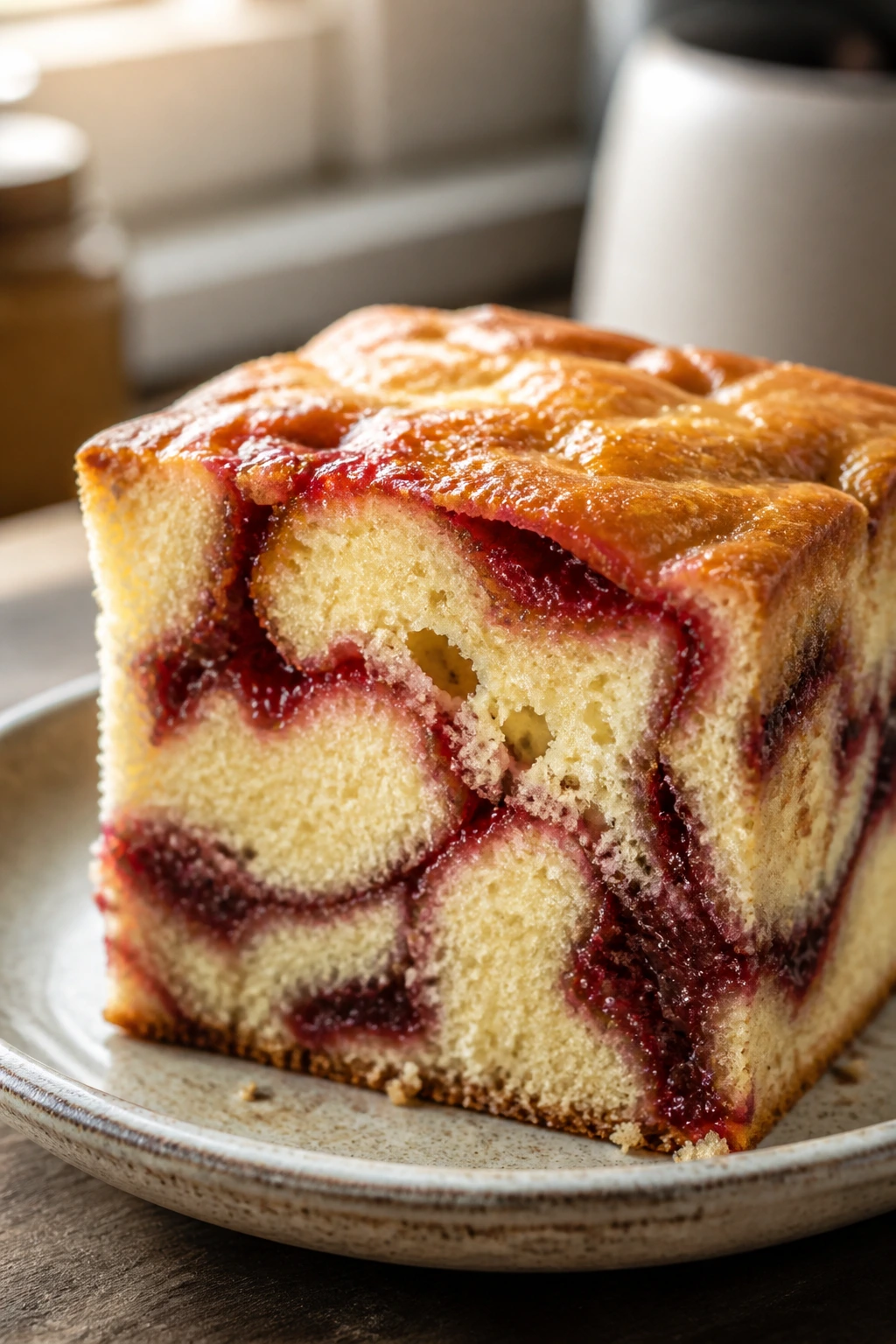 Close-up of jam-swirl snack cake slice on rustic plate