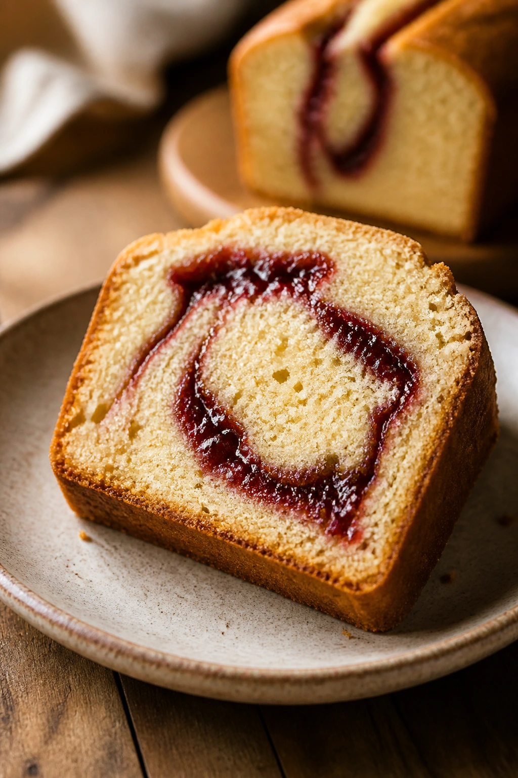 Slice of jam swirl loaf cake with visible berry ribbons