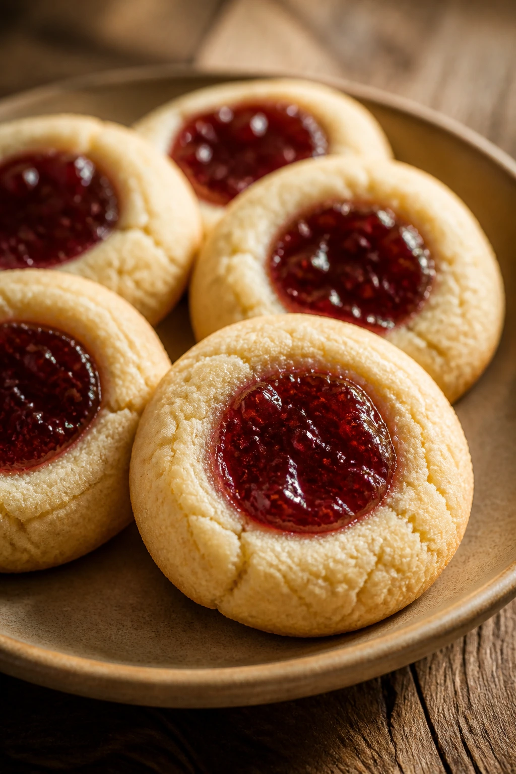 Thumbprint cookies with jam centers on a plate