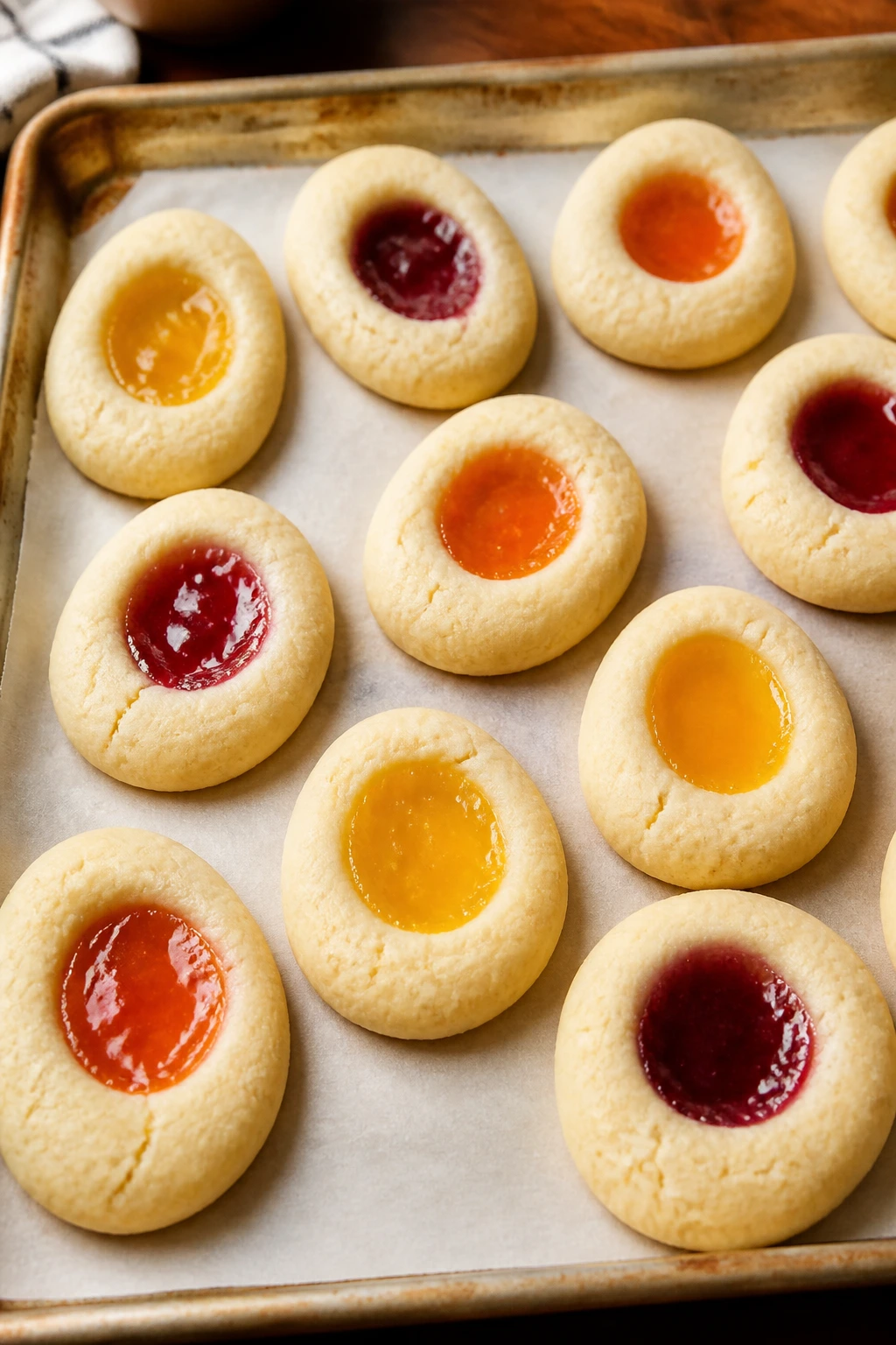 Close-up of jam-filled thumbprint Easter Egg Cookies on parchment