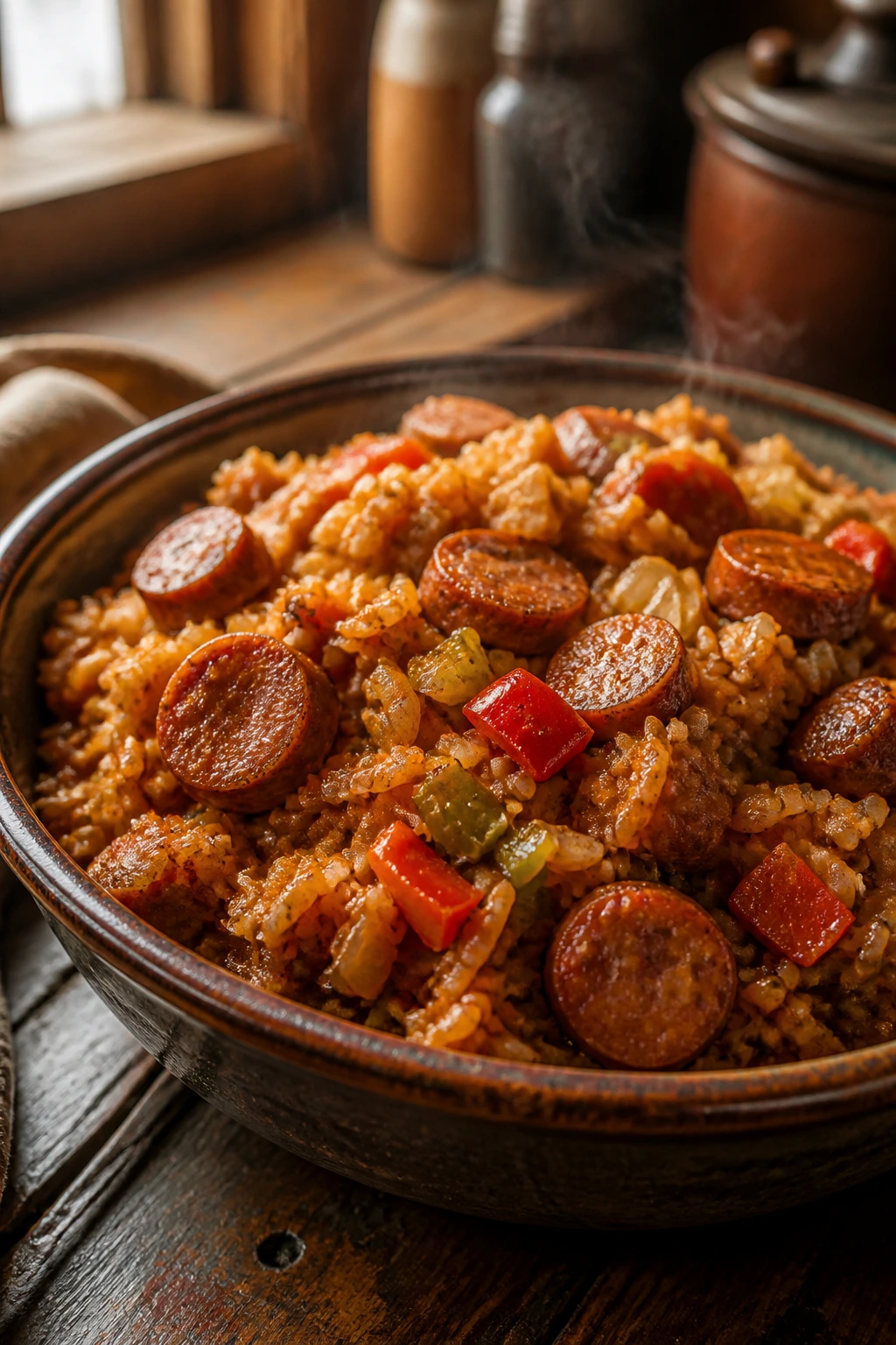 Close-up of Cajun jambalaya with andouille sausage and vegetables in a rustic bowl