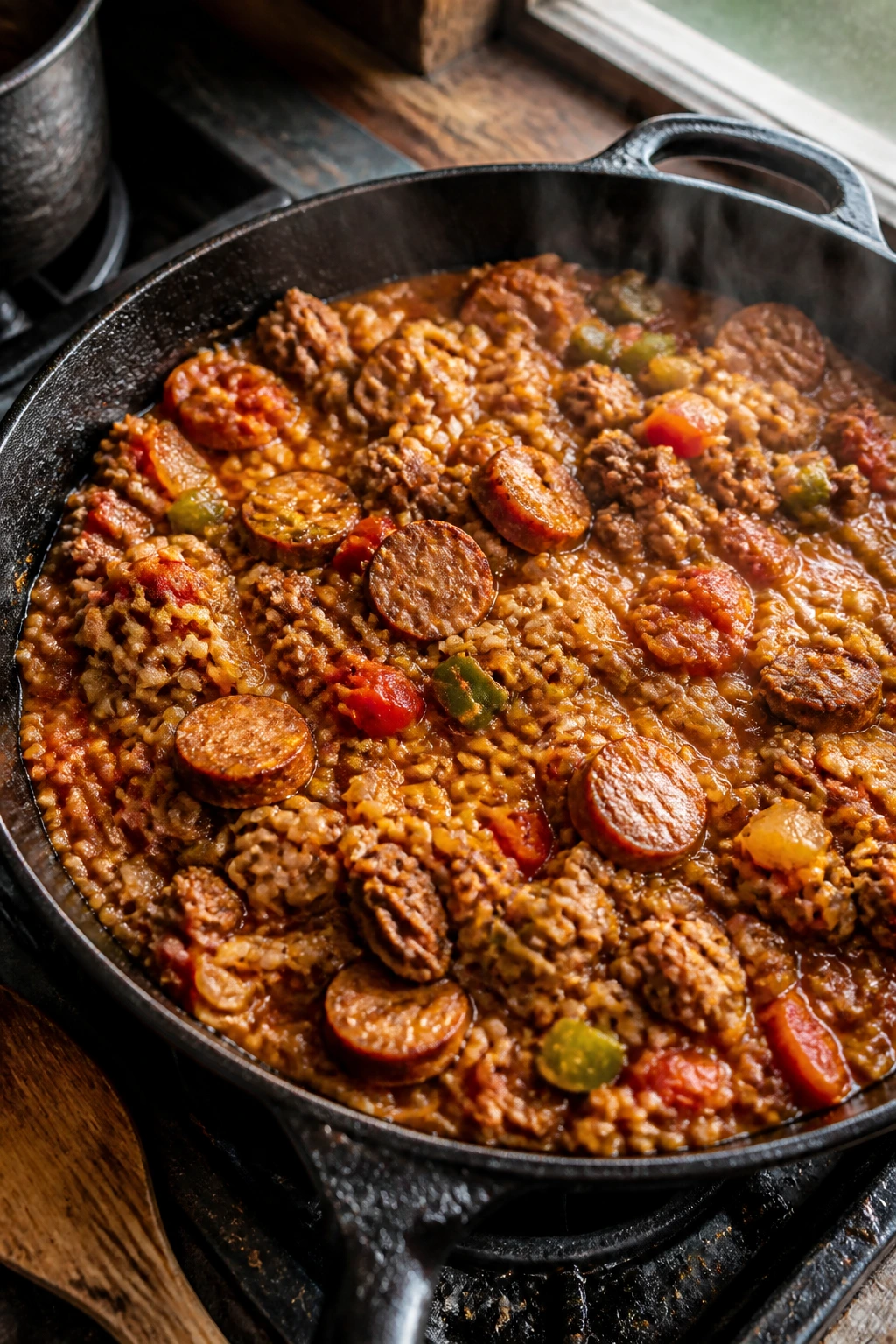 Close-up of cajun jambalaya with beef sausage in a skillet