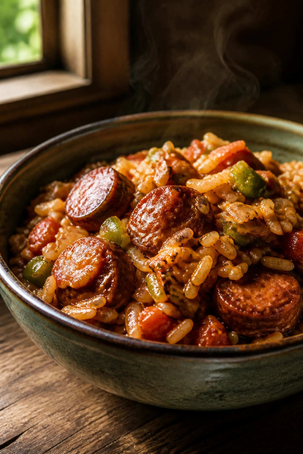 Steaming bowl of jambalaya on a rustic table