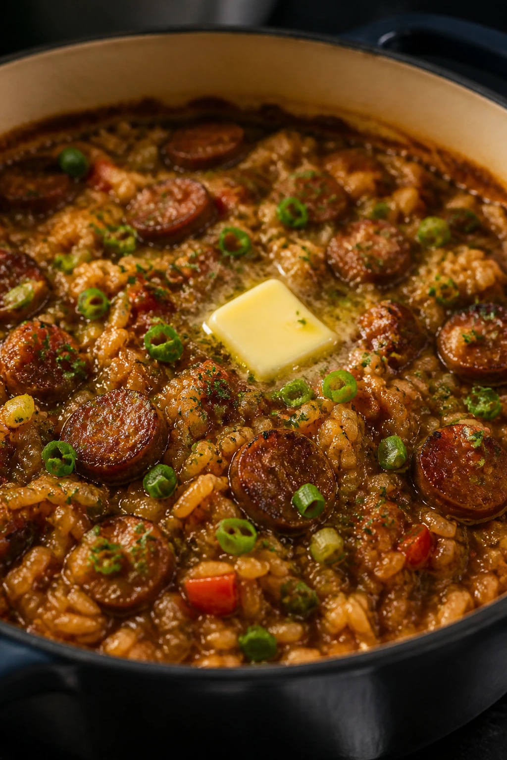Jambalaya resting with melted butter and herbs