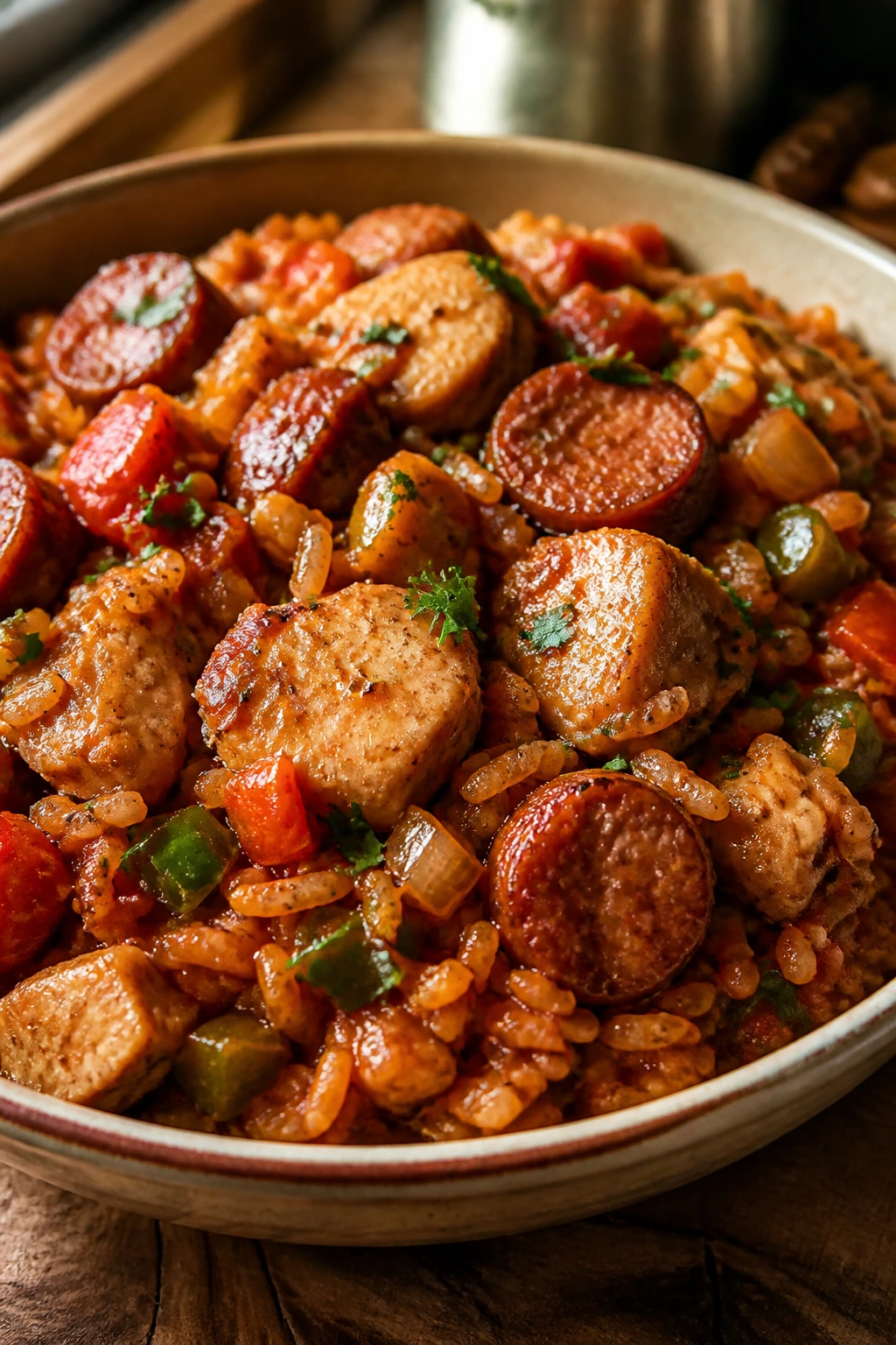 Jambalaya with chicken and andouille sausage in a rustic bowl