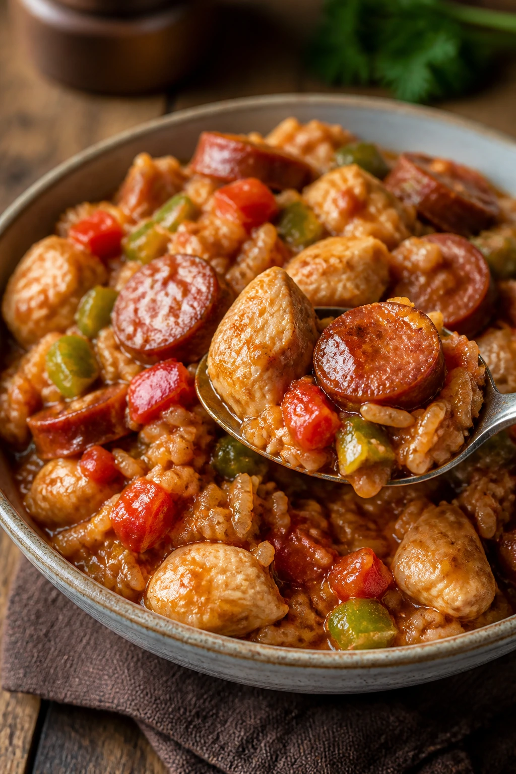 Jambalaya featuring chicken, sausage, peppers and rice in a rustic bowl