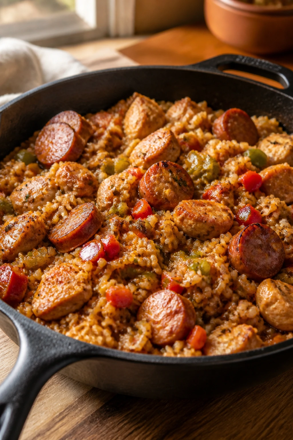 Close-up of jambalaya with chicken, sausage, peppers, and rice in a cast-iron skillet