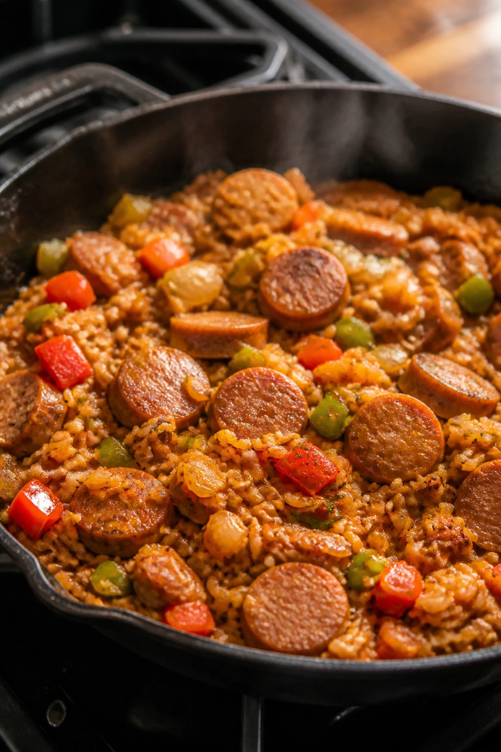 Vibrant jambalaya with sausage, peppers, onions and rice in a skillet
