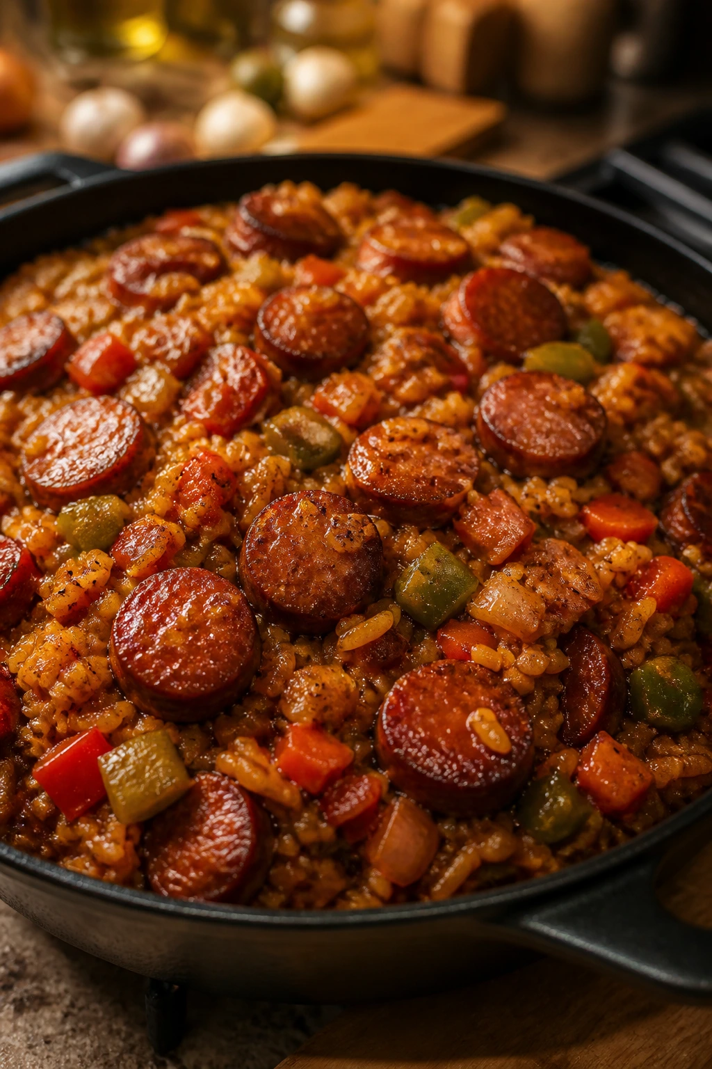 Glossy jambalaya with sausage and glaze in a skillet