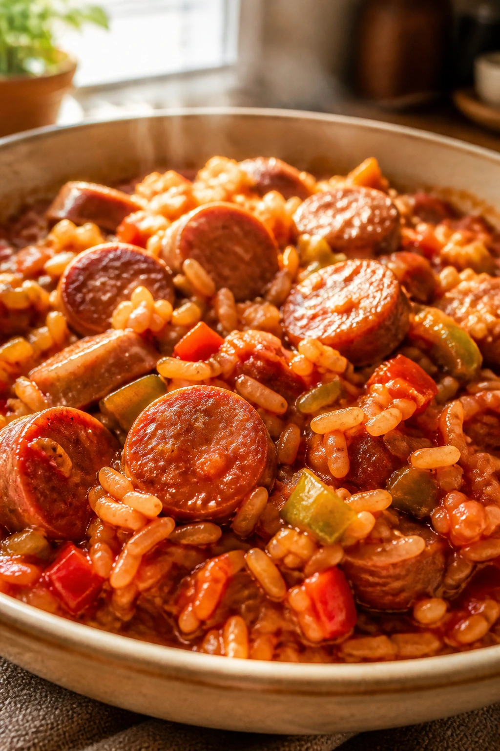 Close-up of steaming jambalaya in a bowl with sausage and rice.