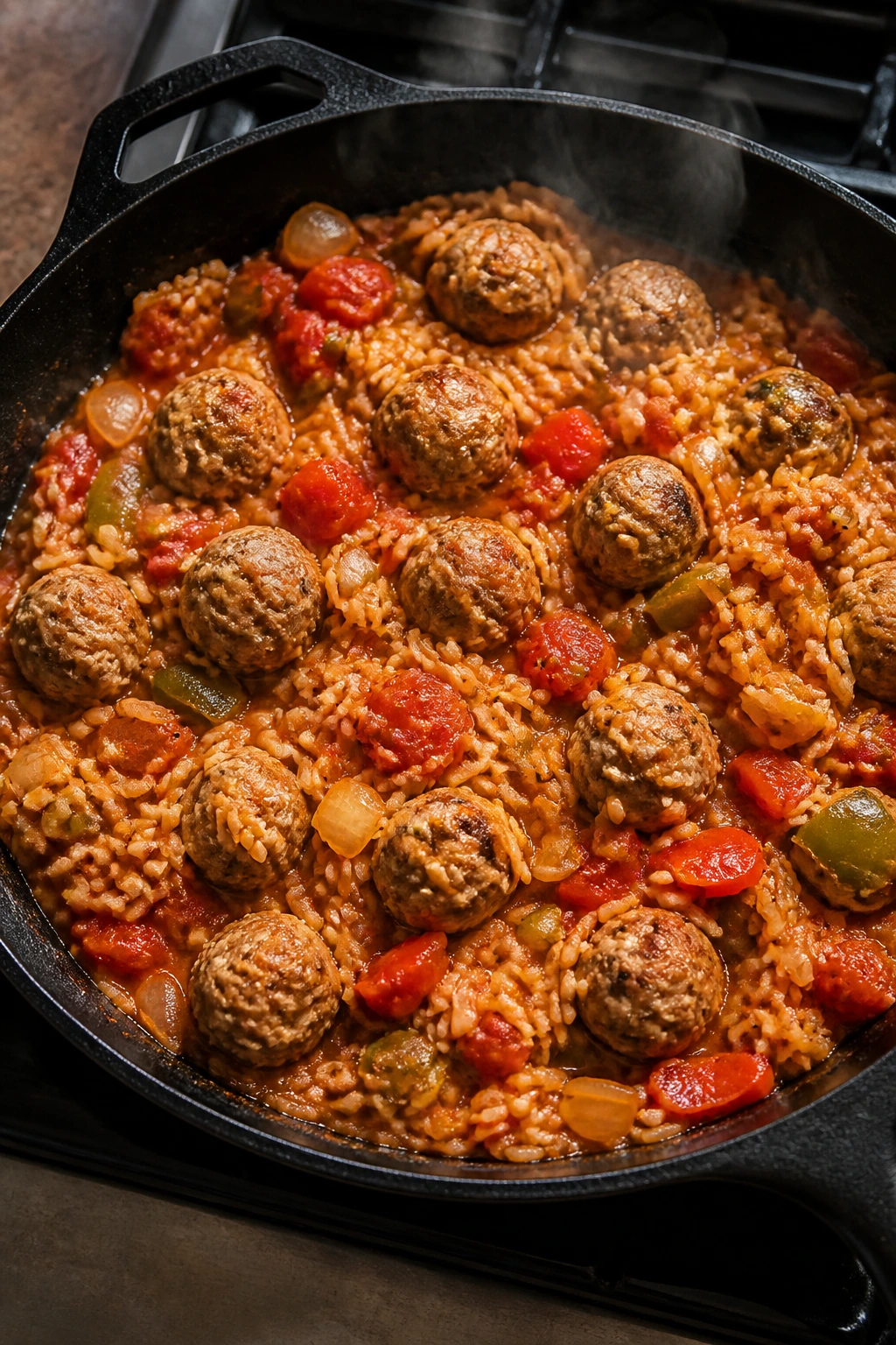 Cast-iron skillet with jambalaya and meatballs