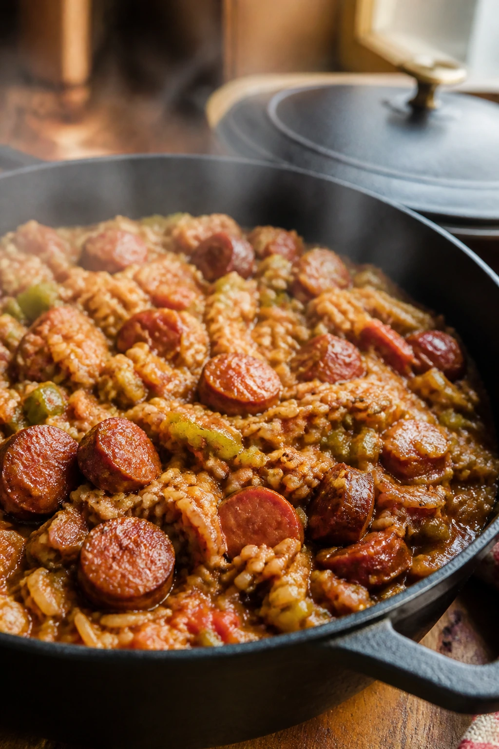 Jambalaya in a heavy pot with steam rising