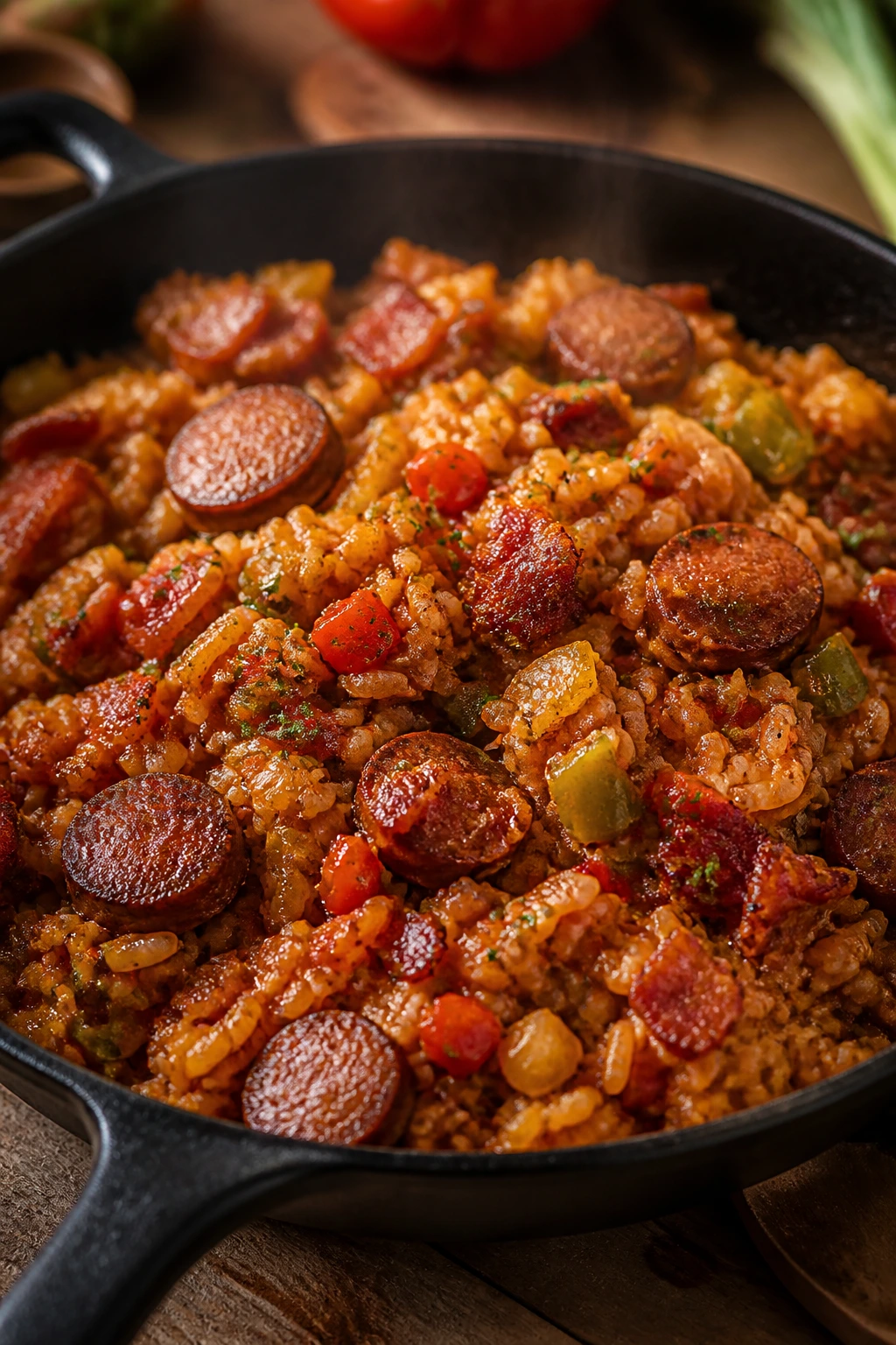 Hearty jambalaya with sausage and bacon in a cast-iron skillet