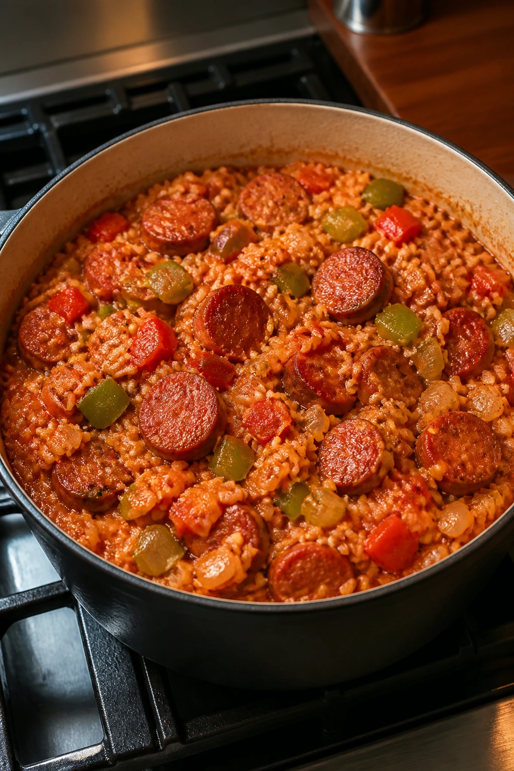 Jambalaya in a pot with sausage, rice, and vegetables