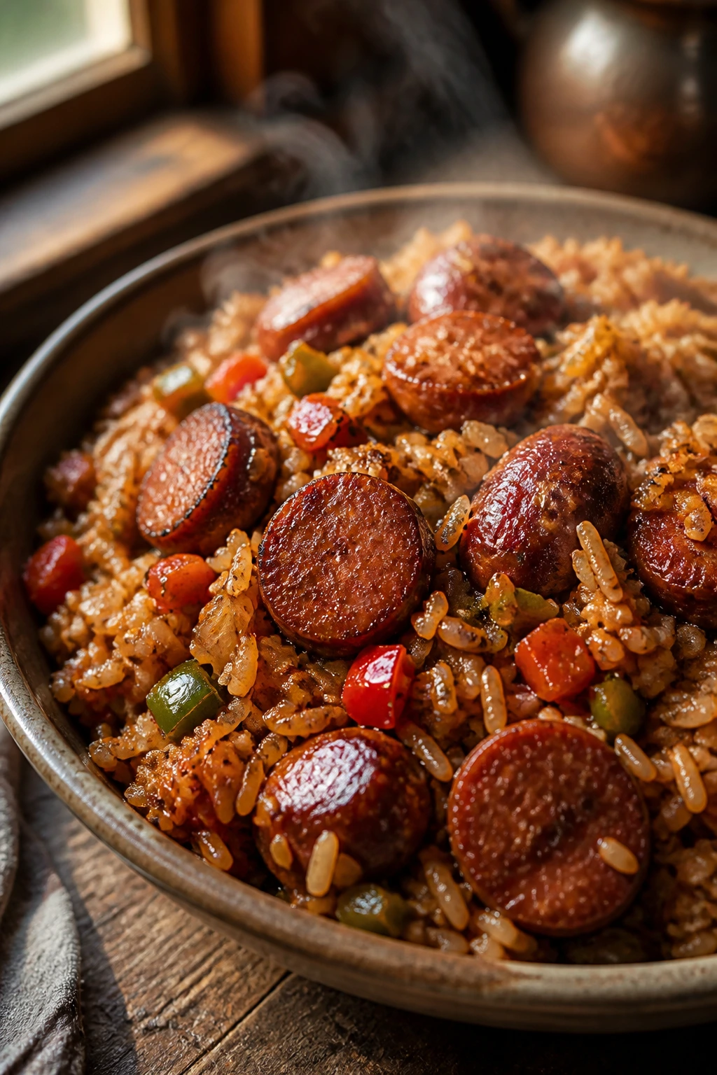 Close-up of steaming jambalaya bowl with smoky sausage and glossy rice