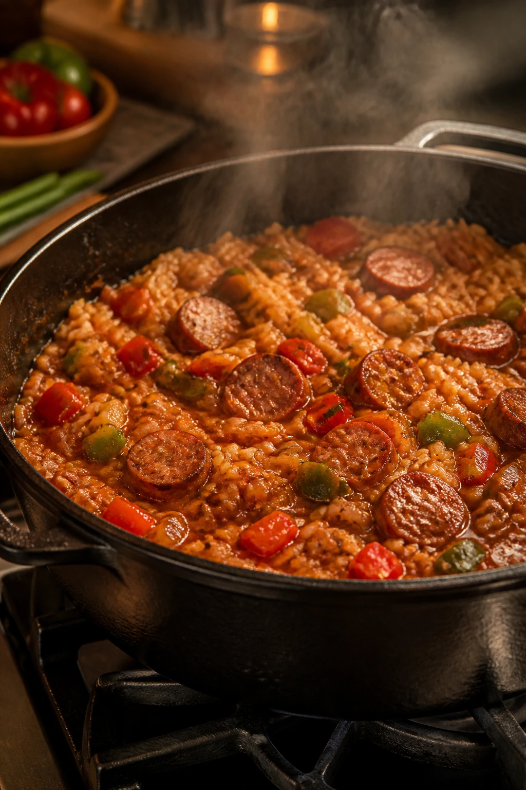 Cast-iron pot of jambalaya with sausage and rice steaming