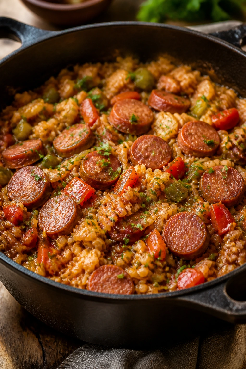 Jambalaya in a bowl with sausage and rice filling the frame.