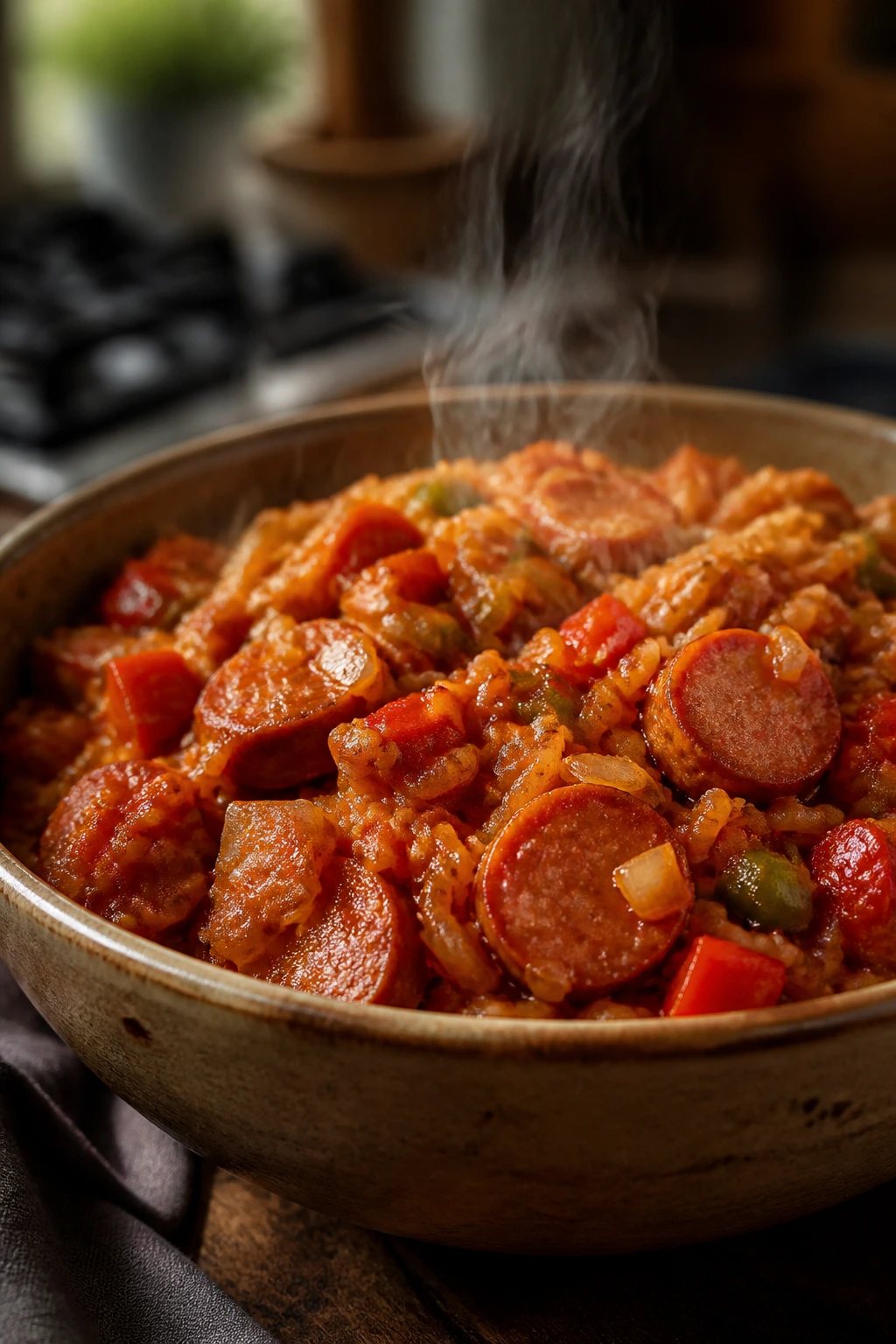Close-up of a bowl of jambalaya with sausage, rice, and vegetables