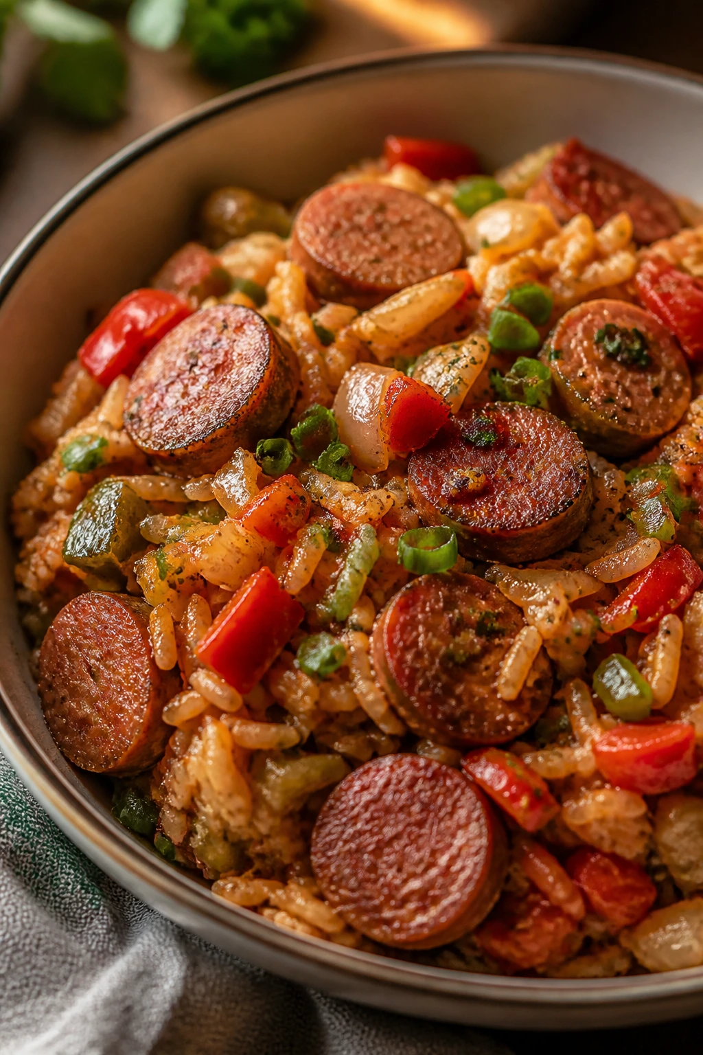 Bowl of jambalaya with sausage, rice and peppers in a cozy kitchen