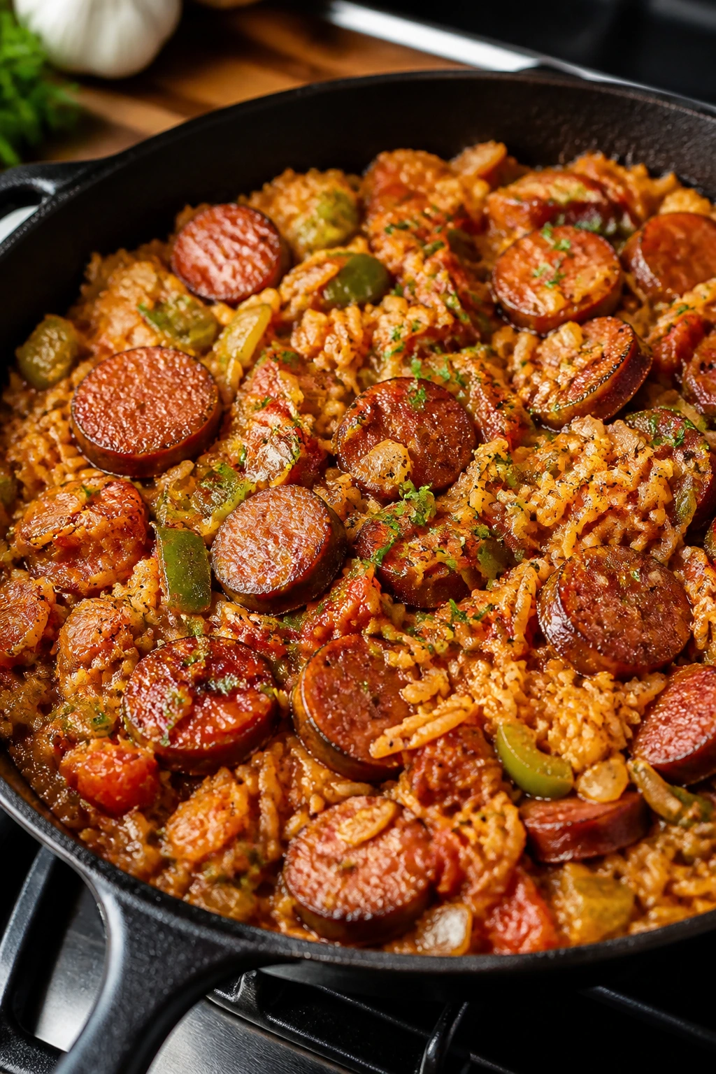 Deep skillet of Cajun jambalaya with sausage, rice, and vegetables.