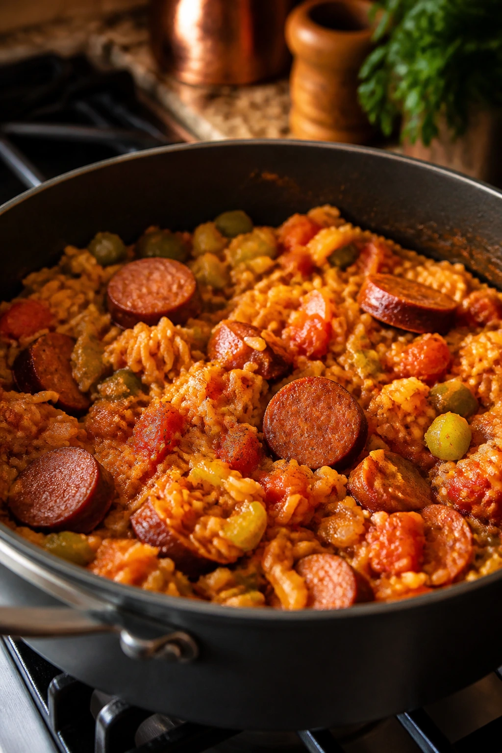Jambalaya with sausage, rice and vegetables in a pot