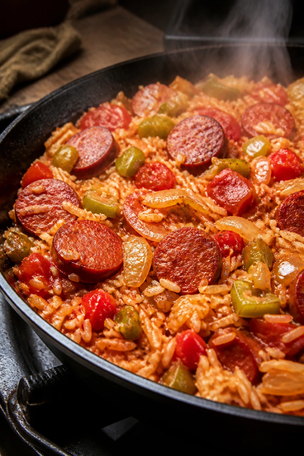 Jambalaya in a skillet with sausage, rice, vegetables in Cajun sauce.