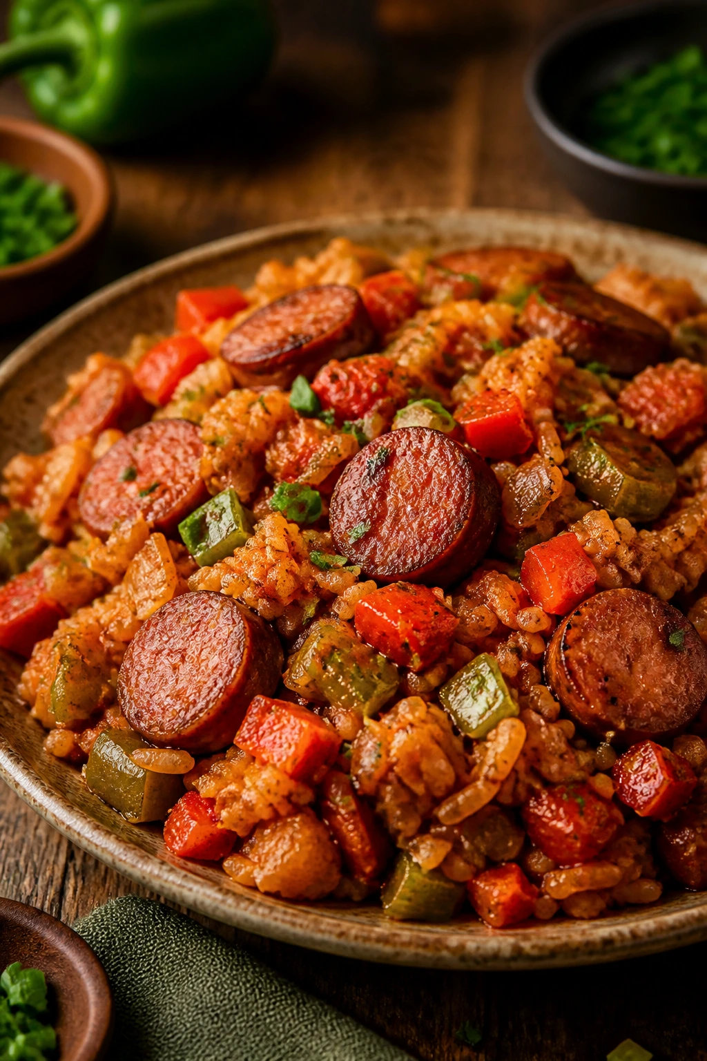 Plate of jambalaya-style sausage dish with peppers and rice