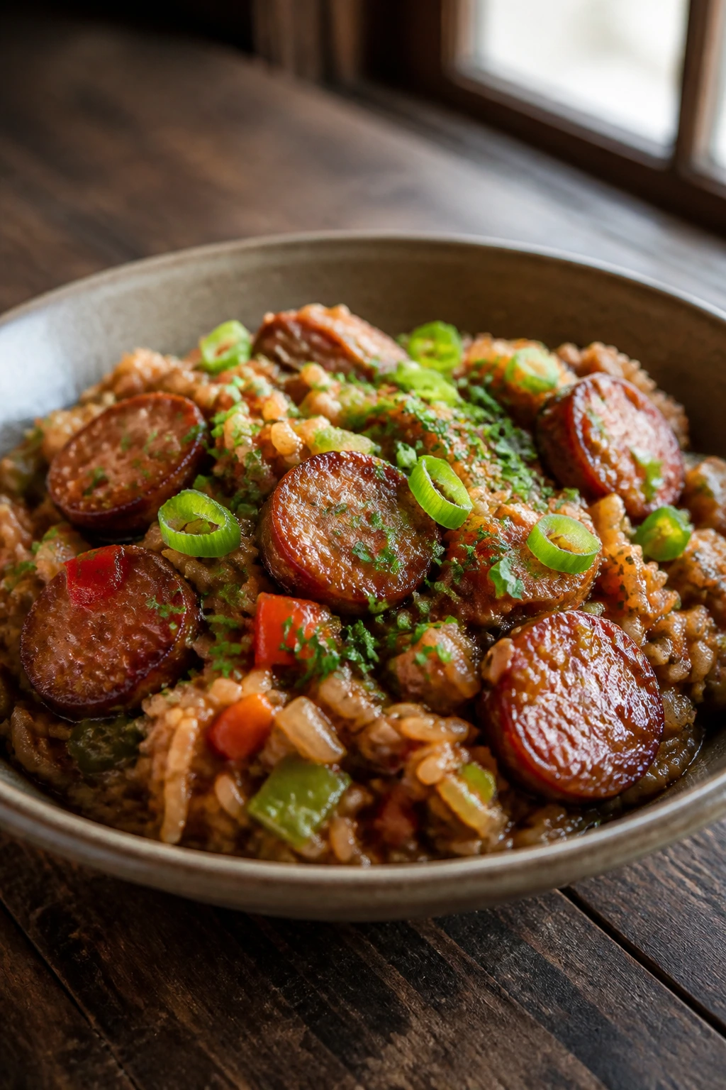 Jambalaya served simply in a wide shallow bowl
