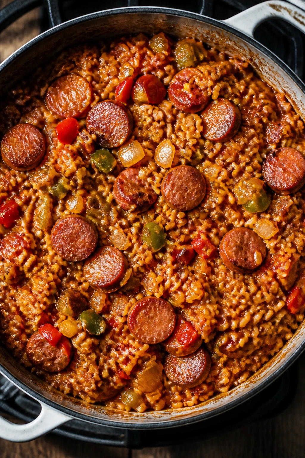 Jambalaya with smoked sausage in a heavy pot