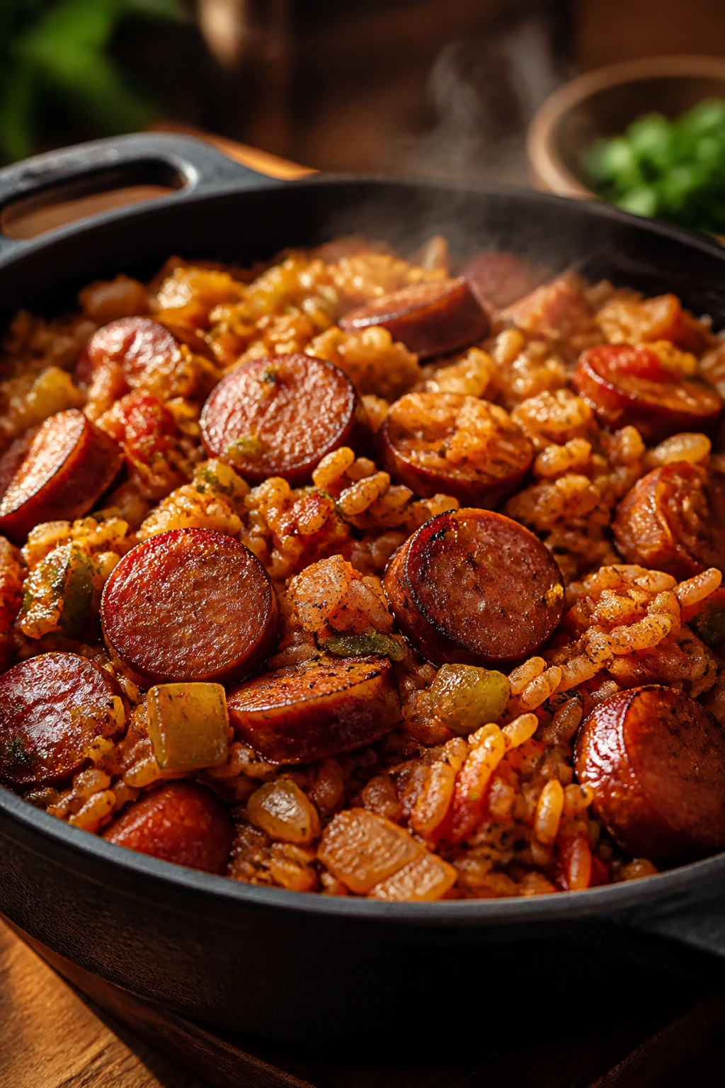 Close-up of Cajun smoked sausage jambalaya with orange-red rice and sausage in a rustic pot