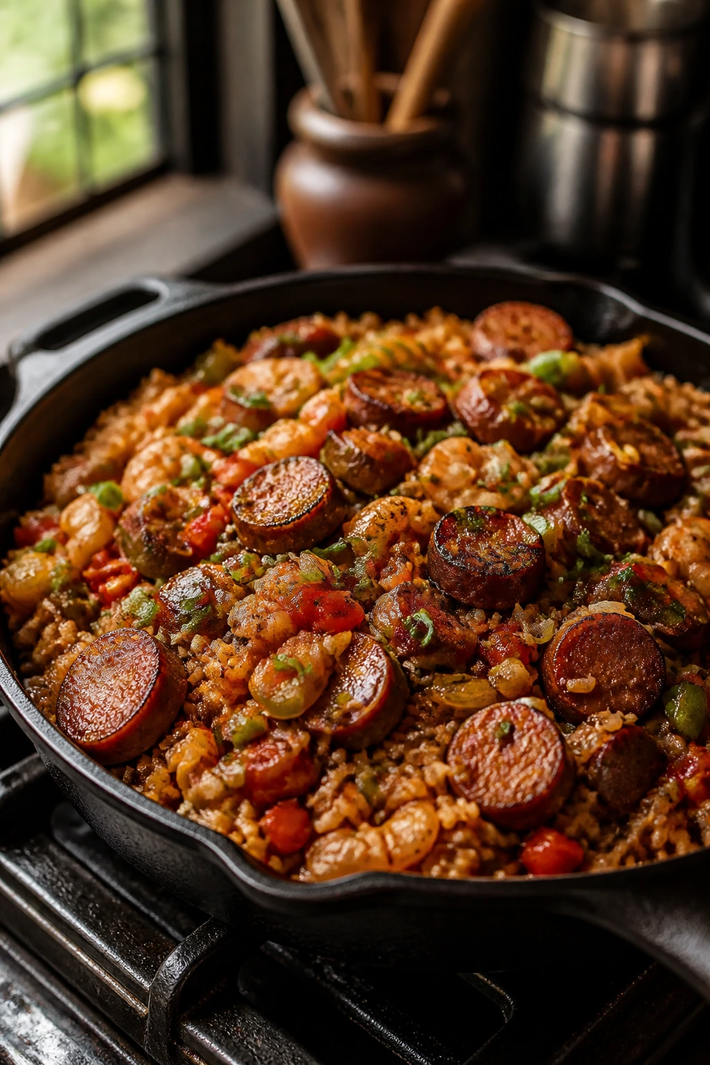 Skillet jambalaya with andouille sausage and peppers in a rustic kitchen