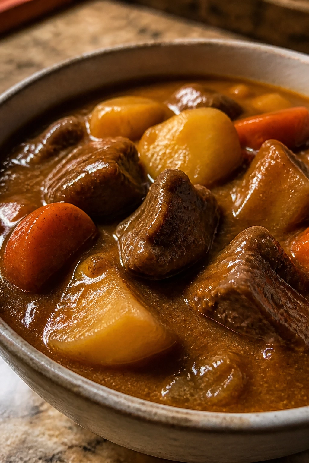 Close-up of Japanese curry beef and potatoes in deep brown gravy