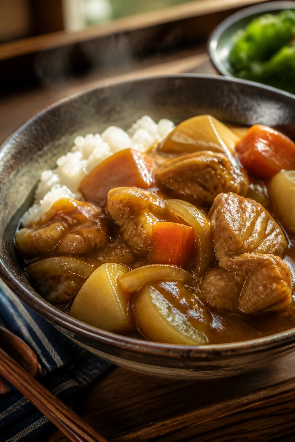 Close-up of Japanese chicken curry served over rice with potatoes and carrots
