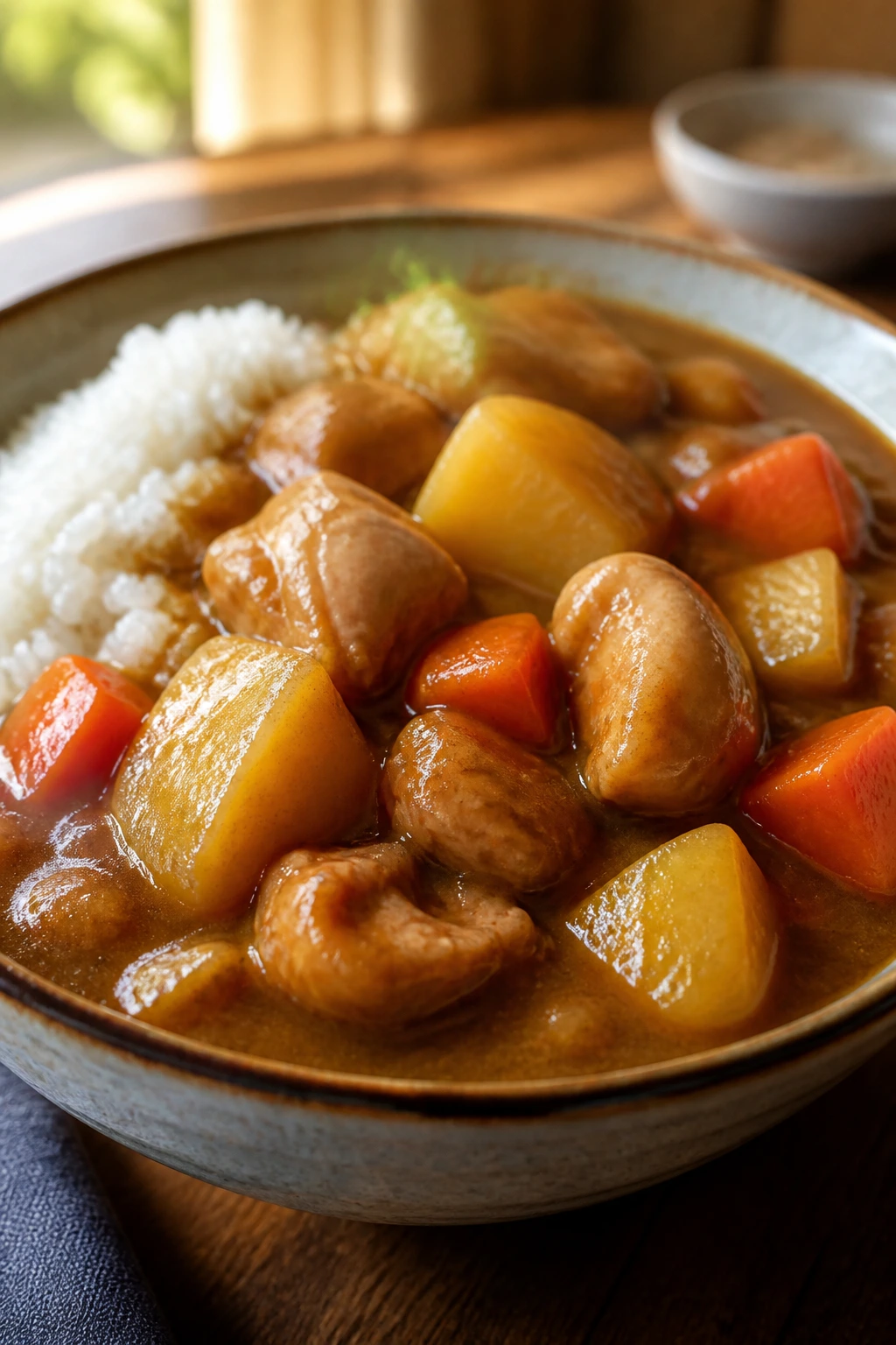 Close-up of Japanese curry chicken rice bowl with chicken, potatoes and carrots.