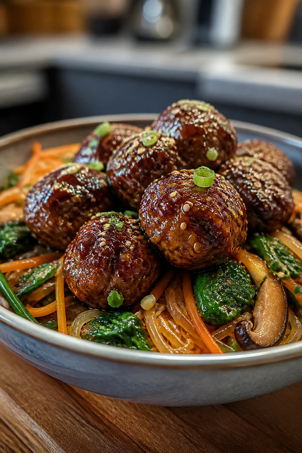 Japchae meatball bowl with noodles and vegetables