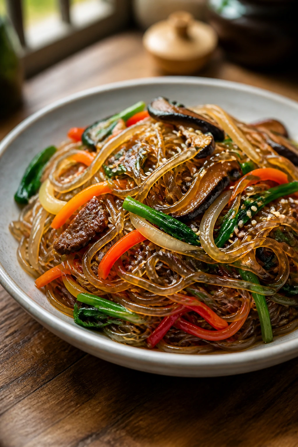 Close-up of glossy japchae noodles with vegetables in a warm kitchen.