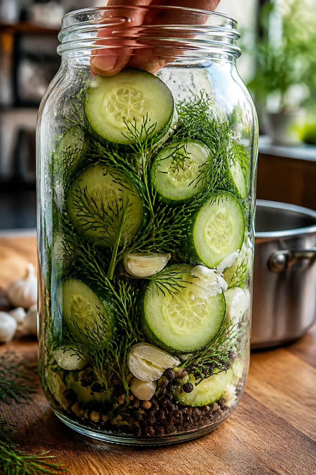Jar being packed with vegetables for pickling