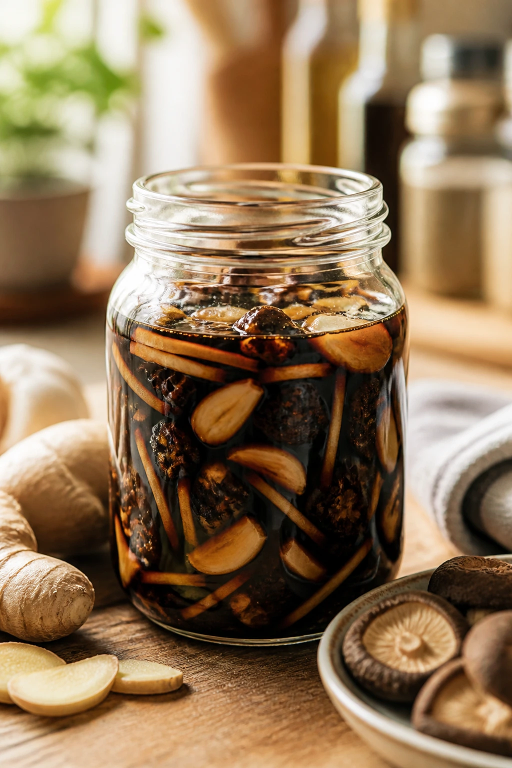 Glossy jar of aromatic soy sauce on a clean kitchen counter