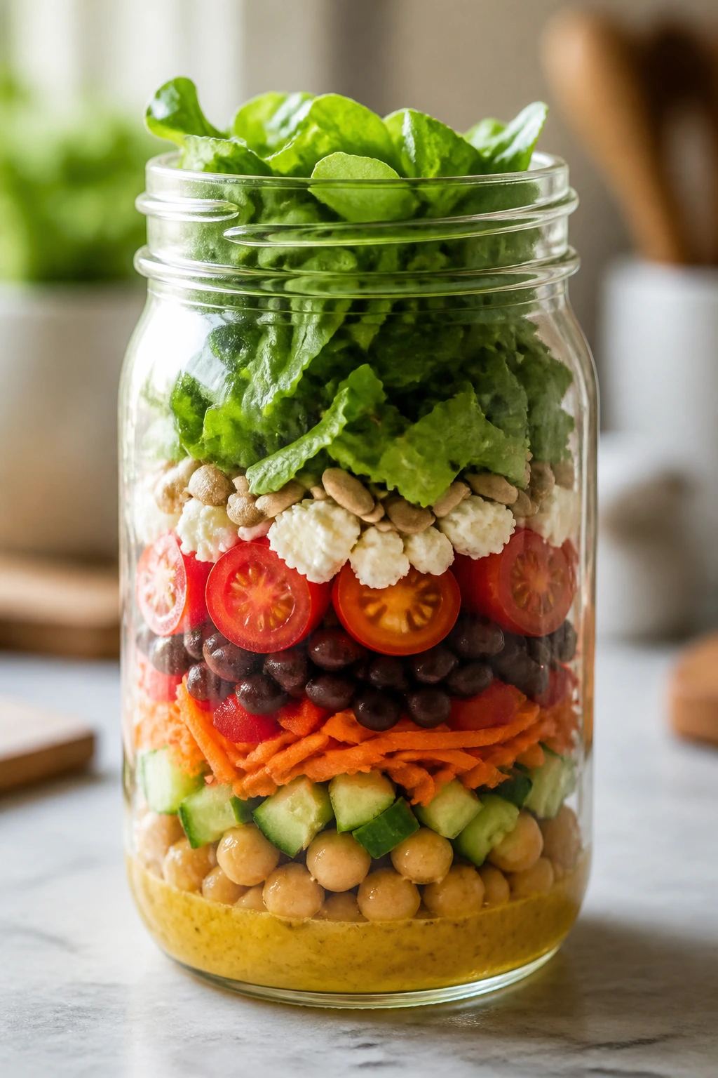 Vibrant layered mason jar salad on a kitchen counter