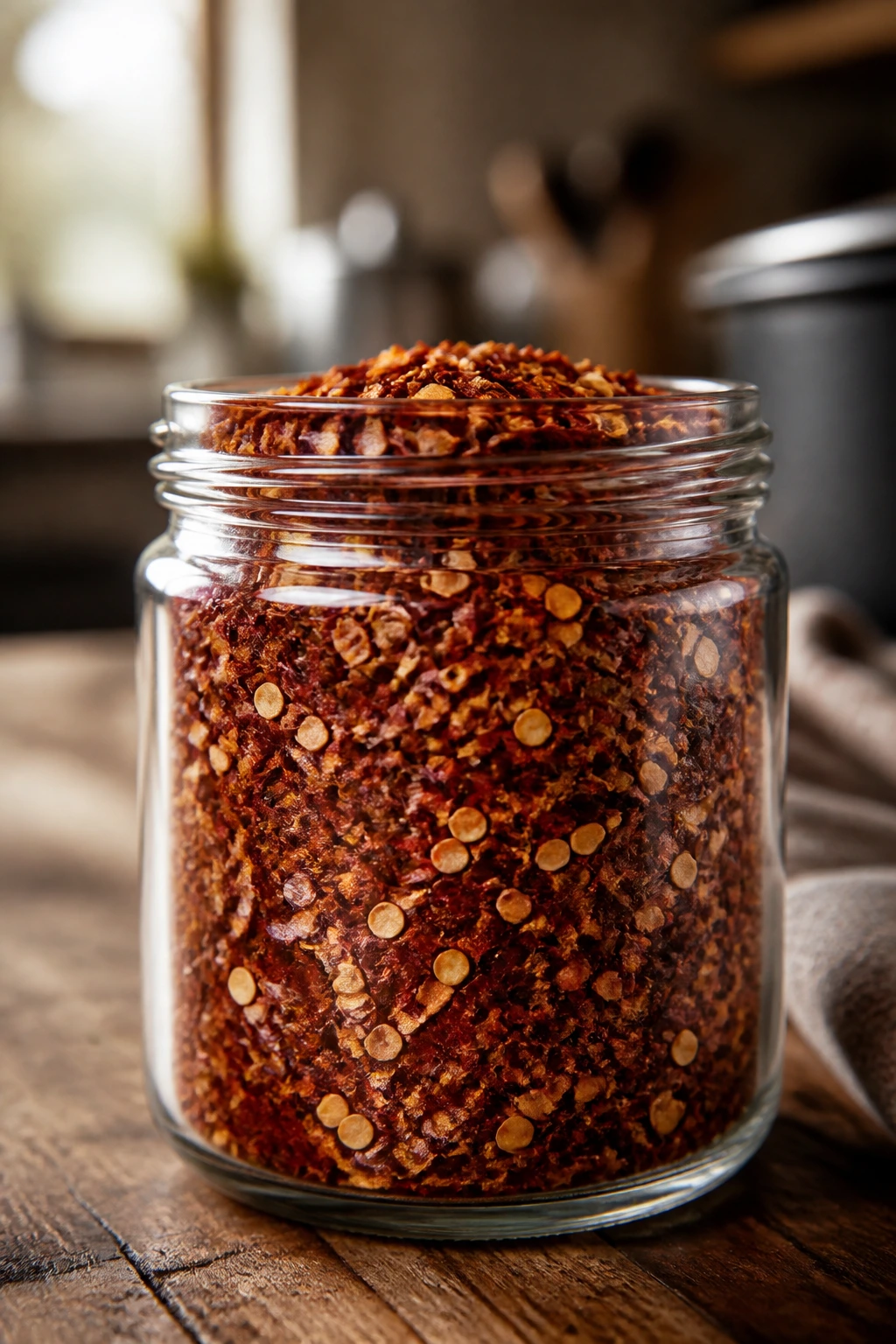 Jar of red chili flakes on a wooden counter with visible texture