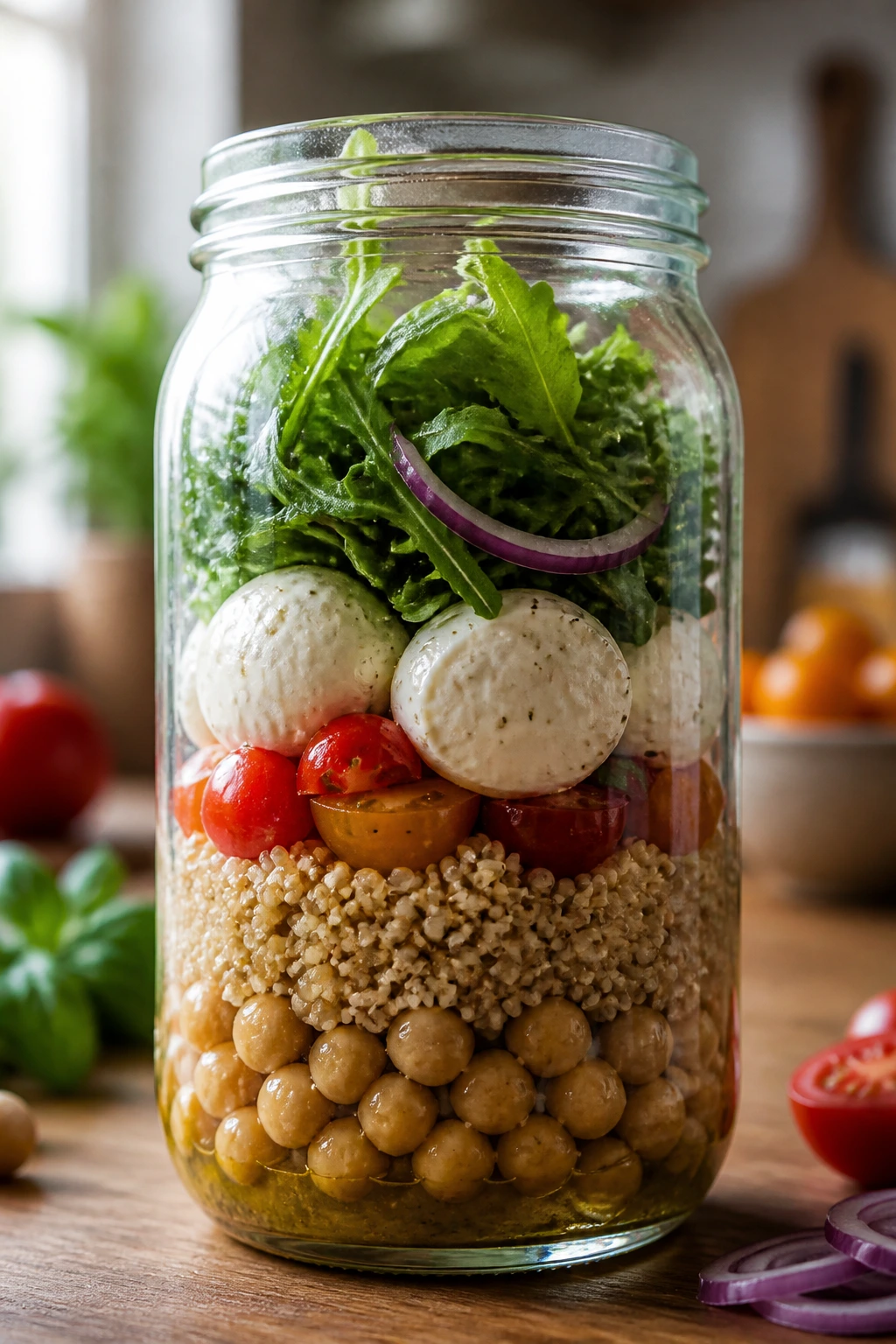 Layered jar lunch with mozzarella and grains