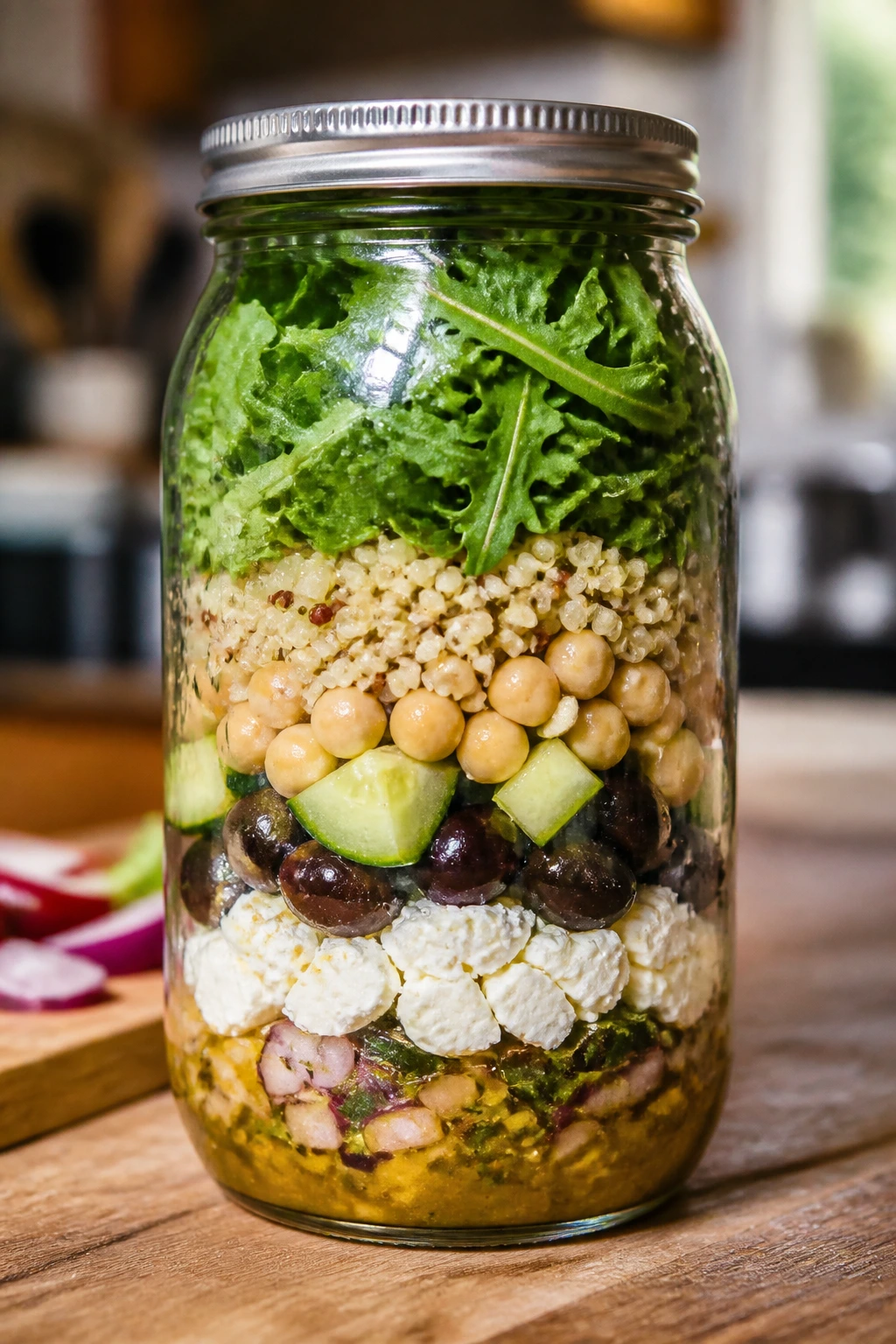 Layered mason jar salad with greens, quinoa, chickpeas and olives on a wooden counter