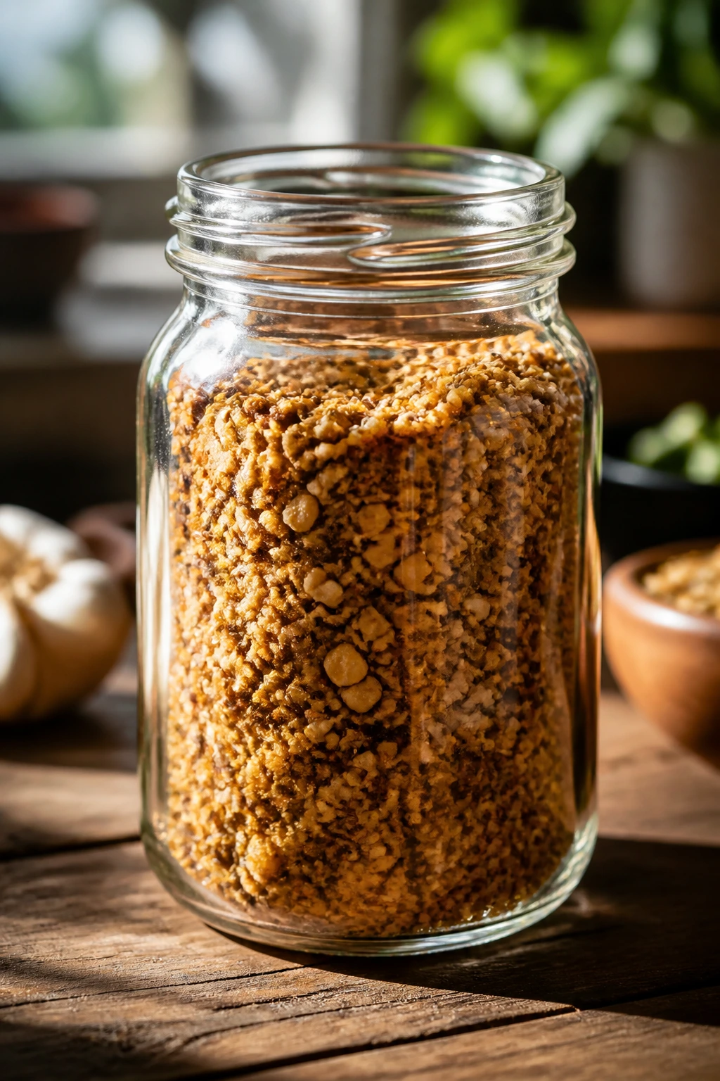 Close-up of a glass seasoning jar on a wooden counter