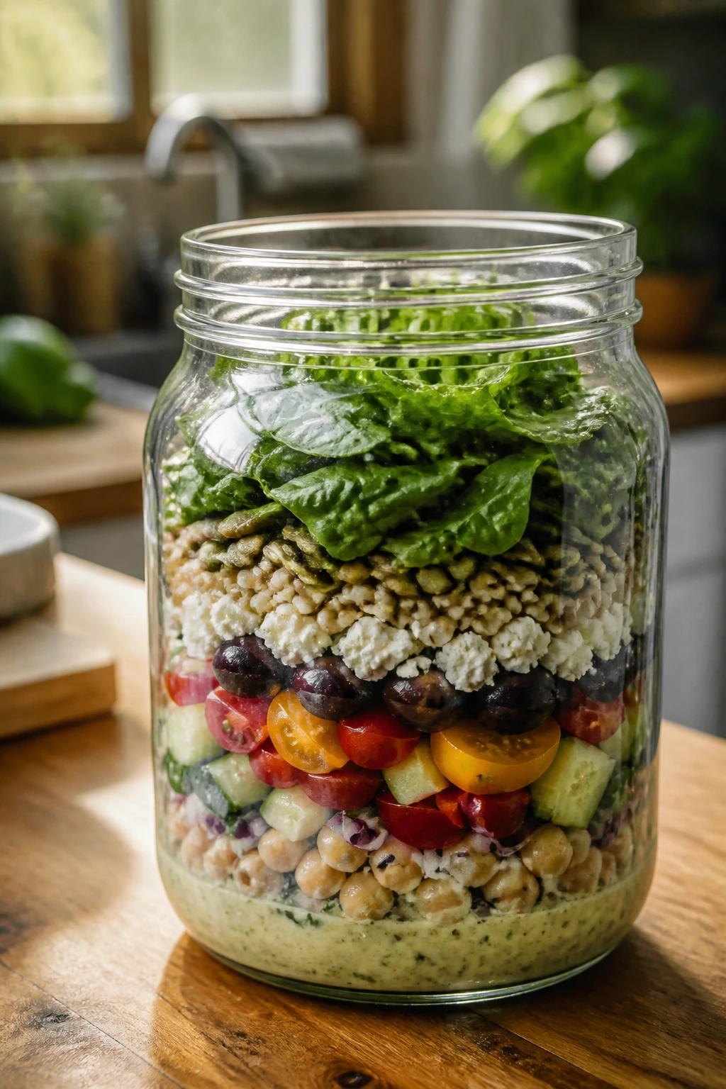 Close-up of a large wide-mouth mason jar filled with layered salad